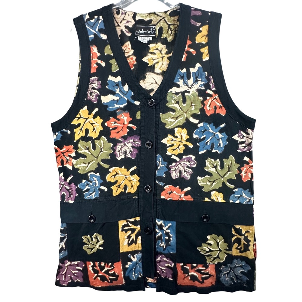 Winter Sun Cotton Leaf Print Button Front Vest Boho Teacher Large Black Multi